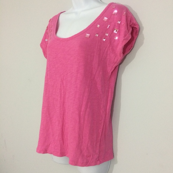 PINK Victorias Secret Top XS Pink Jeweled Scoop Neck Short Sleeve 100% Cotton - Picture 2 of 8